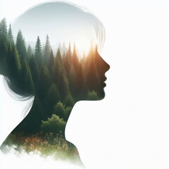 Double exposure of a woman's head with forest landscape in the background. Vector Illustration white Background with space for copy created with generative ai