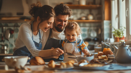 Father teaches child the joy of cooking, a warm kitchen filled with laughter and family bonding, encapsulating the happiness of fatherhood, ideal for Father's Day - obrazy, fototapety, plakaty