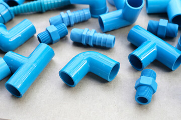 Blue pvc pipe connections for plumbing work.