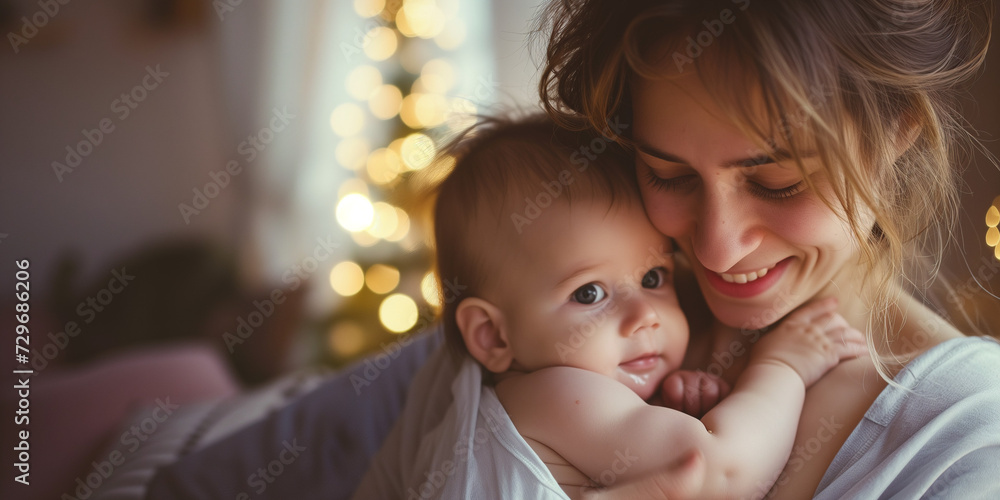 Sticker an intimate moment between a mother and her baby as she hugs him her