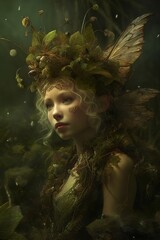 Fantasy portrait of a beautiful fairy girl with a wreath on her head 