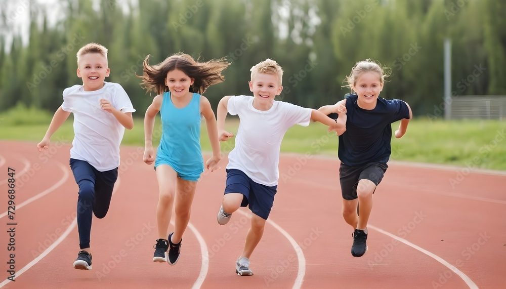 Wall mural Group of children filled with joy and energy running on athletic track, children healthy active lifestyle concept