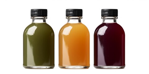 Bottles of healthy fresh fruit juice for a week, assorted varies colors, concept of losing weight,...