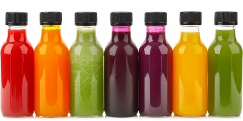 Bottles of healthy fresh fruit juice for a week, assorted varies colors, concept of losing weight, healthy organic juice lifestyle, anti-oxidation, no label, isolated on whtie. - obrazy, fototapety, plakaty