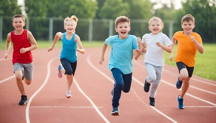 Fototapeta premium Group of children filled with joy and energy running on athletic track, children healthy active lifestyle concept