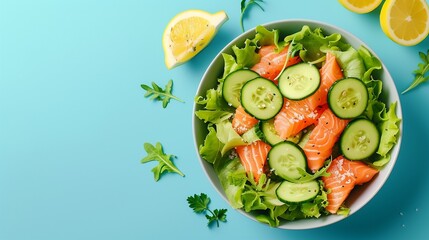Hawaiian salmon poke salad with copy space on fresh blue background with copy space/