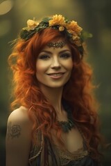 Naklejka premium Beautiful redhead fairy girl with wreath of flowers on her head 