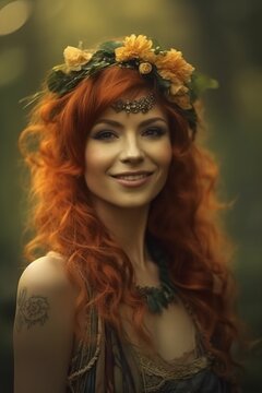 Beautiful redhead fairy girl with wreath of flowers on her head 