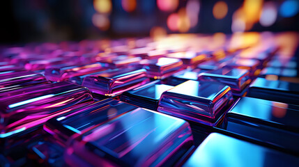  Neon Glow Circuitry Abstract. Close-up of a 3D-rendered abstract neon circuitry landscape, shining with blue and pink hues for a high-tech background or concept.