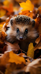  Autumn Whispers with a Hedgehog.  A charming hedgehog peeks through a carpet of fall leaves, a heartwarming scene perfect for seasonal and nature themes.
