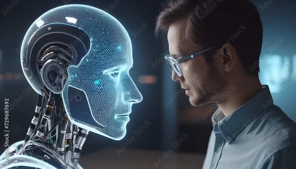 Poster a man talking with holographic ai robot. futuristic technology or machine learning concepts. generat
