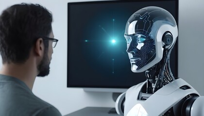 a man talking with holographic ai robot. futuristic technology or machine learning concepts. Generative Ai technology
