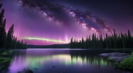 Fotobehang sunset over the river  night scene with a milky way and northern lights over a forest. The sky is a mix of  , purple  © Jared