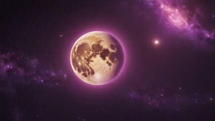  golden yellow moon with a sparkling surface and stars. The moon is orbiting a purple and pink nebula 