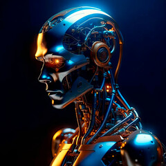 Realistic illustration with a humanoid robot. It is made in dark and blue tones.