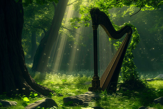 Celtic harp in a serene forest setting, mystical aura, traditional Irish charm