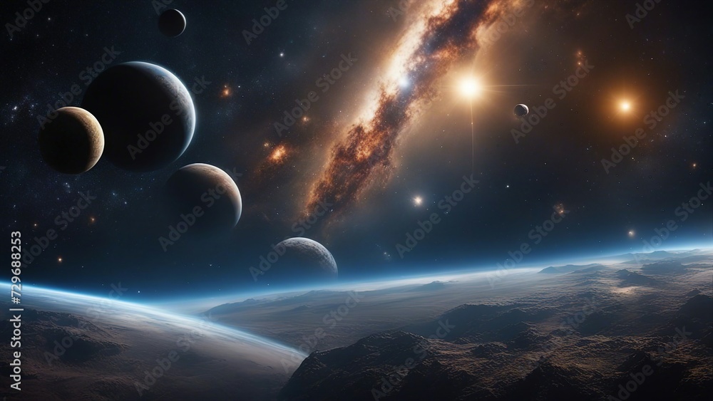 Wall mural planet and space a space scene with a wide panel of outer space, showing many different stars, plane