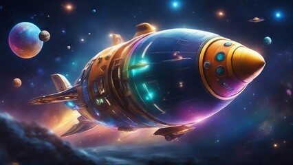 space station in space  A colorful and whimsical spaceship zooms through a galaxy, surrounded by planets, moons,  