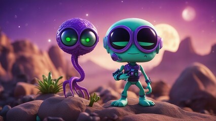 alien in the space A cartoon alien on a rocky planet with two moons and a purple sky. The alien has green skin,  