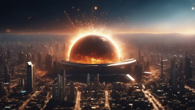 fire in the sky  exploding sun, near black hole, An alien space port with rockets an city in background  