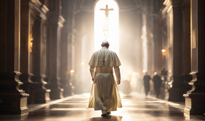 Back view of The Pope walking gracefully through the Church. Symbol of faith, reverence and hope. Blessing light shines, perfect composition, beautiful detailed , 8k photography, photorealistic , soft - obrazy, fototapety, plakaty