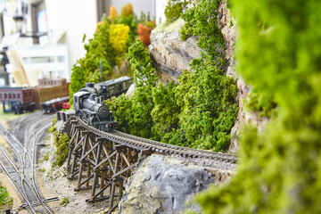Detailed Miniature Train Set on Trestle Bridge with Lush Scenery