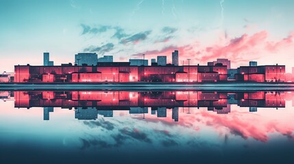 Red-toned industrial buildings reflected on water under a crimson sky