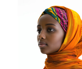 African American woman wearing a hijab on white background with copy space 