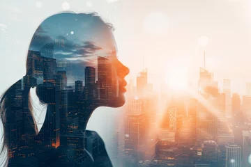 Foto op Plexiglas Double Exposure Image of Business Person on modern city background. Future business and communication technology concept. Surreal futuristic cityscape and abstract multiple exposure interface. uds © Enrique
