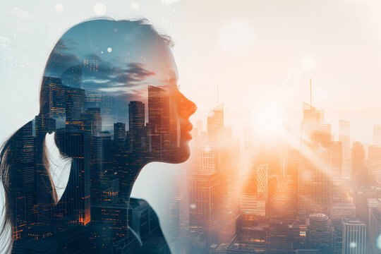 Double Exposure Image of Business Person on modern city background. Future business and communication technology concept. Surreal futuristic cityscape and abstract multiple exposure interface. uds