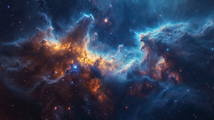Fototapeta na wymiar A mesmerizing nebula cradles newborn stars, with interstellar clouds swirling in a dance of creation.