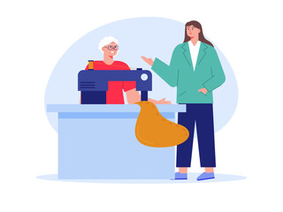 Aged woman using sewing machine. Nursing home vector illustration.