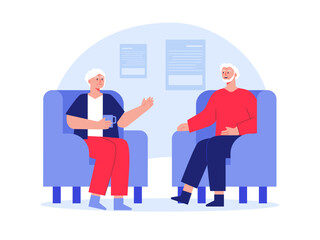 Aged couple talking with each other. Nursing home vector illustration.