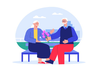 Aged man giving flower to aged woman. Nursing home vector illustration.