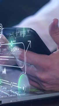 Crypto trading with a holographic panel, close-up.