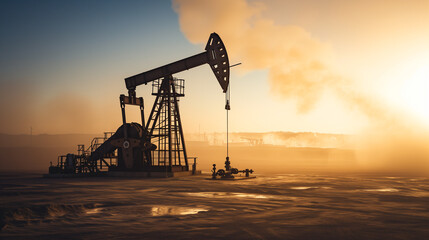 Silhouette of a functioning oil pump jack in a desert with a warm sunset backdrop, illustrating energy production and extraction processes.