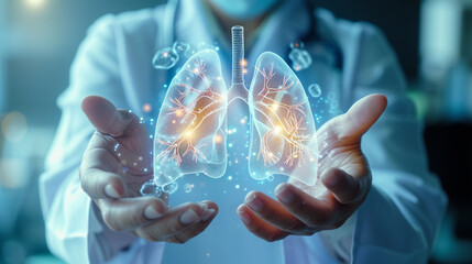 A medical professional showcases a holographic projection of human lungs, emphasizing innovation in healthcare and medical diagnosis.