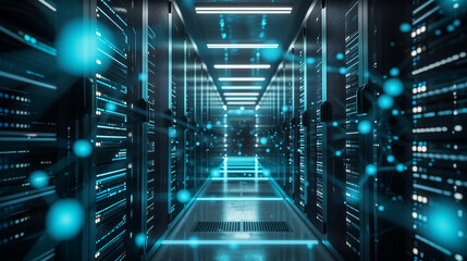 A futuristic data center with rows of high-tech servers illuminated by blue lights, symbolizing advanced technology and information storage.