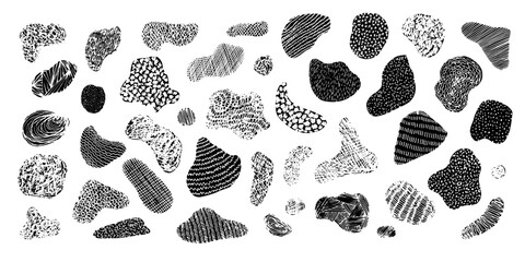 Set of isolated vector grunge stroking textured black ink pen freehand shapes. Unique scratched hand drawn textures collection for graphic design, decoration, patterns