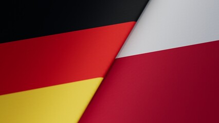 National flag of Germany and national flag of Poland close together, symbol of meeting and mutual relations, foreign affair, front view, shallow depth of field
