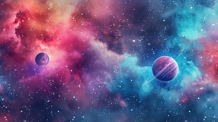 Vibrant watercolor cosmic scene with planets and nebulae. Wall art wallpaper