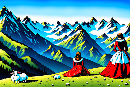 Girls singing yodel in the Alps. Generative AI
