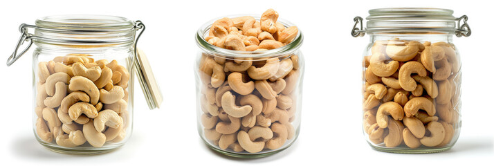 set of glass jars filled with  cashew nuts