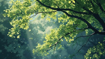Painting of a Tree With Green Leaves, Nature Scene Artwork