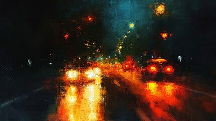 Painting of City Street at Night, Capturing the Vibrant Urban Landscape Under the Moonlight