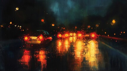 Obraz premium Painting of a City Street at Night, An Atmospheric Urban Scene Depicting Nighttime Illuminations