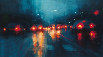 Painting of City Street at Night, Vivid and Captivating Urban Scene in the Dark