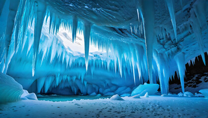Ice Caves. Glacier. Frozen. Nature. Cold. Adventure. Exploration. Ice Formation. Crystal. Winter. Scenic. Subterranean. Cave System. Natural Beauty. Icy. AI Generated.