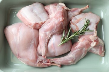 Raw rabbit meat and rosemary in baking dish, top view