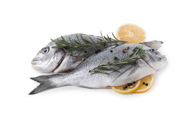 Raw dorado fish, lemon and spices isolated on white